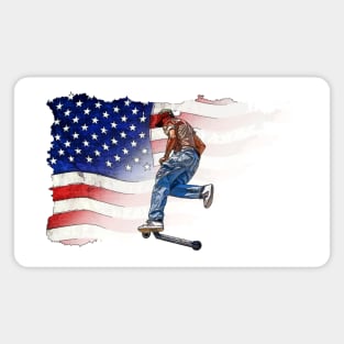 Patriotic Scooter Rider and US Flag Artwork Magnet